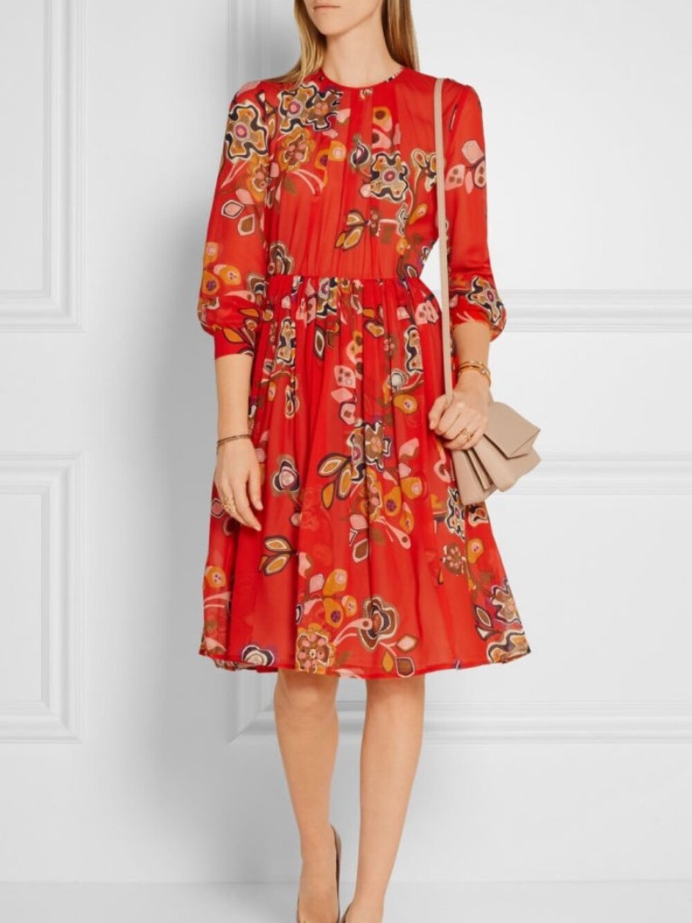 MSGM Floral Silk Chiffon Pleated Dress Red Multicolor IT 38 US 4 Womens